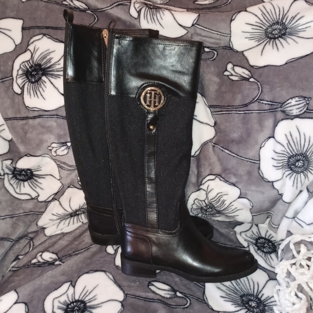 NWT TOMMY HILFIGER Black & Grey Tall Riding Boots 5.5